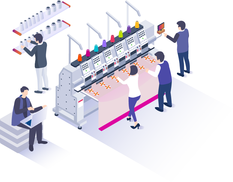 Isometric illustration of workers operating a large multi-head commercial embroidery machine in a factory.