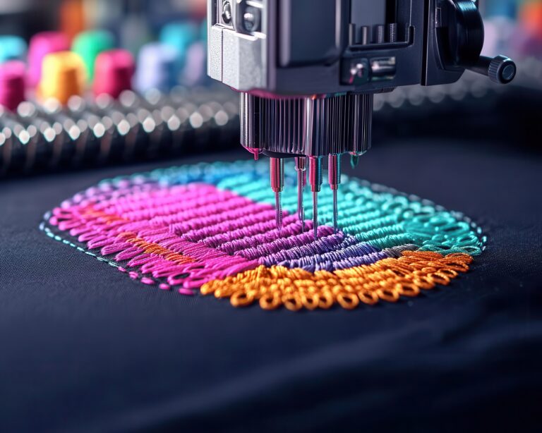 Close-up of automated machine needles crafting high quality embroidery digitizing on dark fabric.