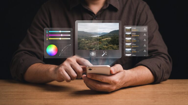 Person using a smartphone photo vectorization and image editing app with holographic control panels.