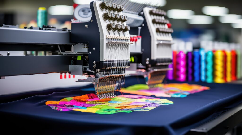Automated multi-needle embroidery machine executing high quality embroidery digitizing on textile fabric.
