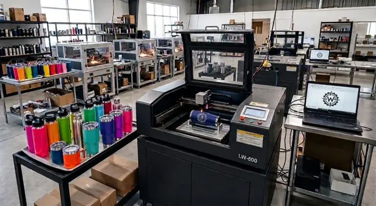 Laser engraving station customizing promotional drinkware alongside trays of colorful stainless steel tumblers.