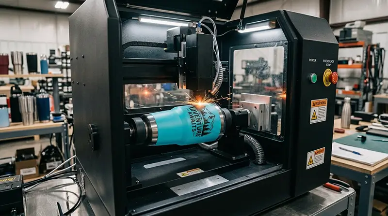 Laser engraver customizing promotional drinkware with a custom design in a production facility.
