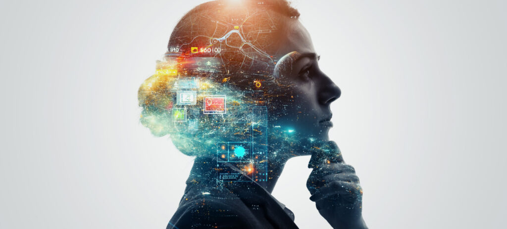 Visual representation of human oversight in AI showing a woman's profile layered with complex data graphics.