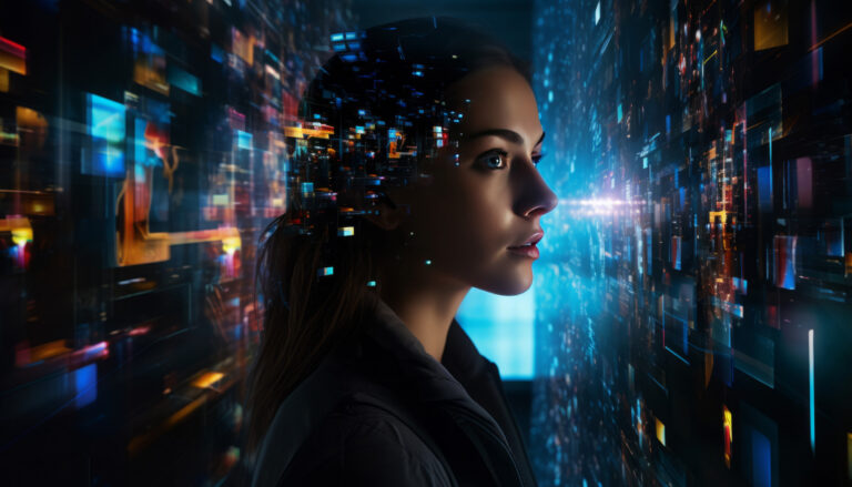 Futuristic concept of human oversight in AI showing a woman monitoring an immersive digital data wall.