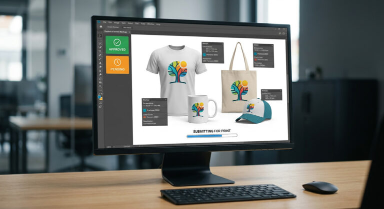 Virtual proofing interface reviewing branded digital product samples submitted for print production.