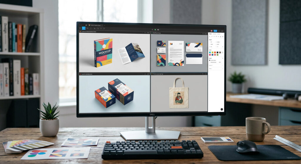 Desktop setup showcasing digital product samples and print mockups on screen for production review.