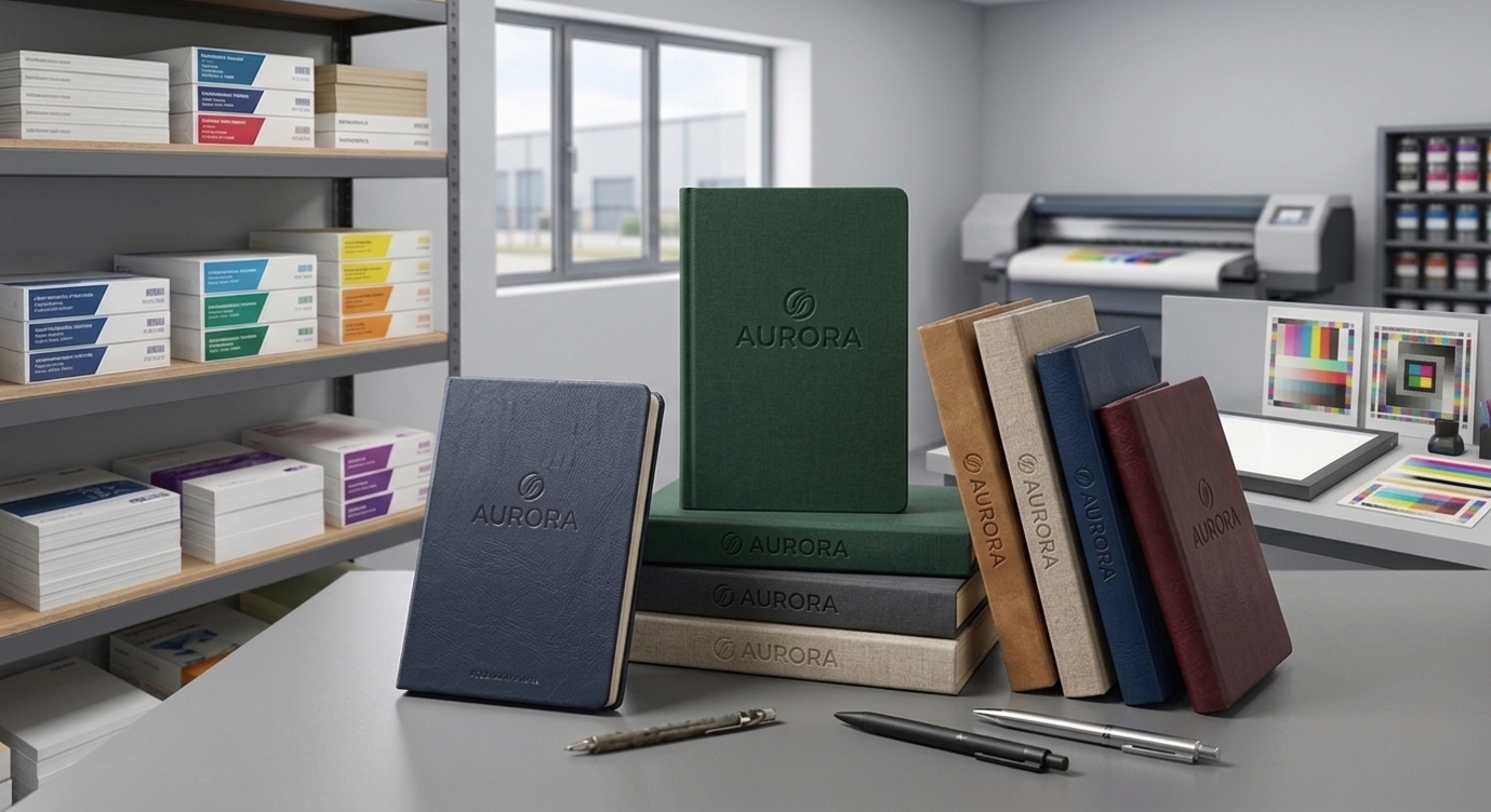 Custom debossed executive notebooks and metal pens reflecting modern corporate merch trends.