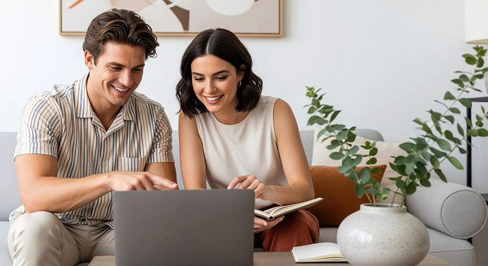 Business partners reviewing reports on a laptop during a merchandise financial planning session.