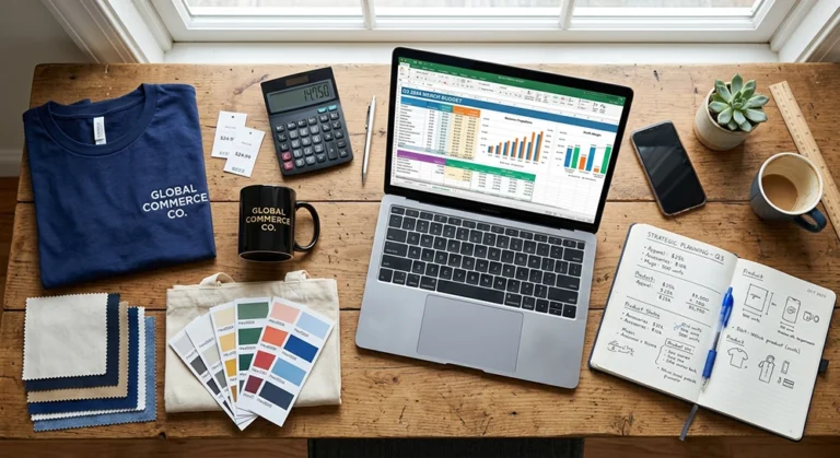 Flat lay desk workspace depicting merchandise financial planning tools, custom apparel samples, and financial charts.